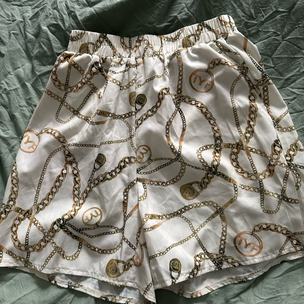 SHEIN White and Gold Chain Print High Waist Shorts